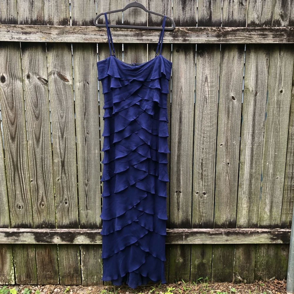 Tadashi Too Tiered Maxi Dress Size 16 Blue Silk Ruffle Sleeveless Layered